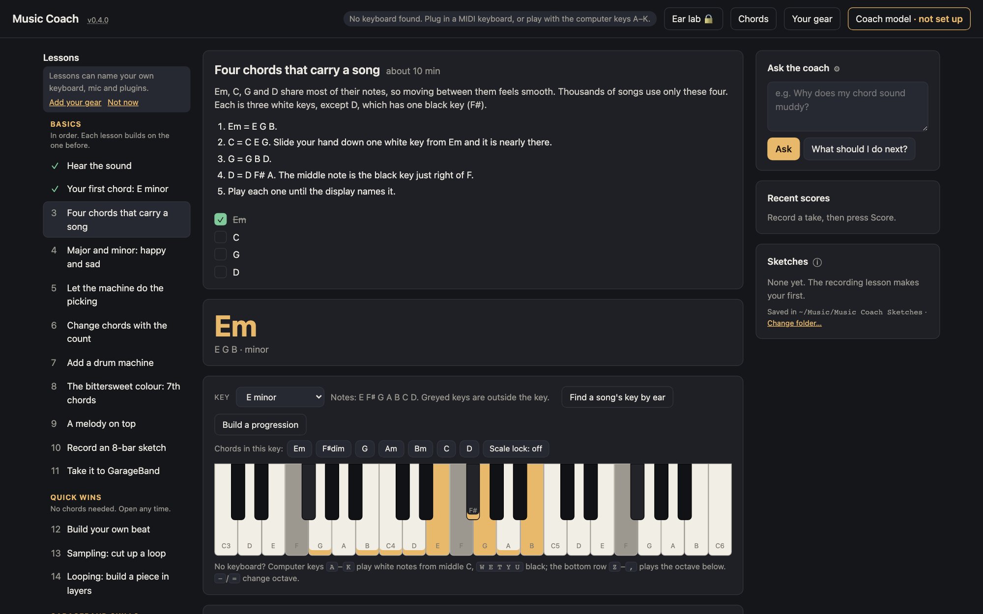 Music Coach: the lesson list, a lesson on four chords, the chord display showing E minor, and a keyboard with the chord's keys lit.