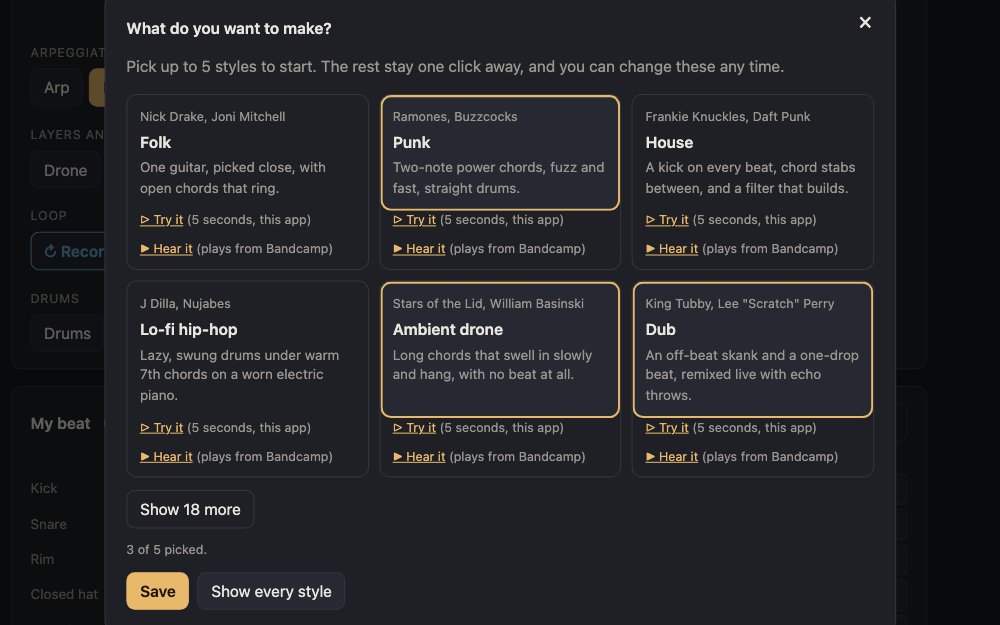 The style picker: cards for folk, punk, house, lo-fi hip-hop, ambient drone and dub, each naming its artists, with punk, ambient drone and dub picked.
