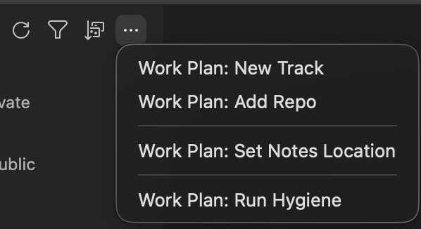 The Tracks view overflow menu listing Work Plan: New Track, Add Repo, Set Notes Location and Run Hygiene.