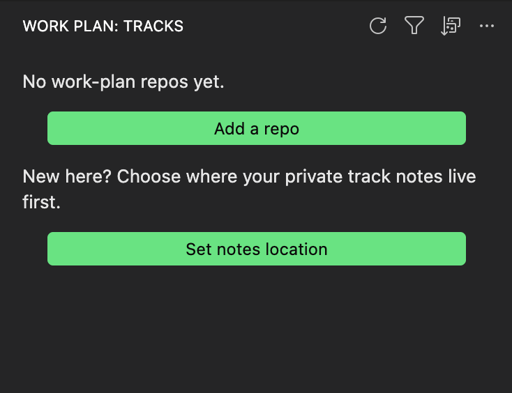 The empty Work Plan Tracks view reading No work-plan repos yet, with an Add a repo button and a Set notes location button.